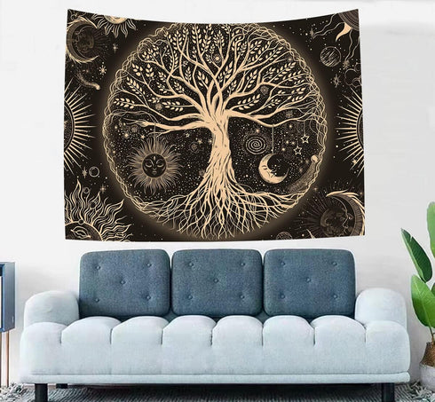 Tree of Life Tapestry Gloden Sun and Moon Wall Hanging Tapestry